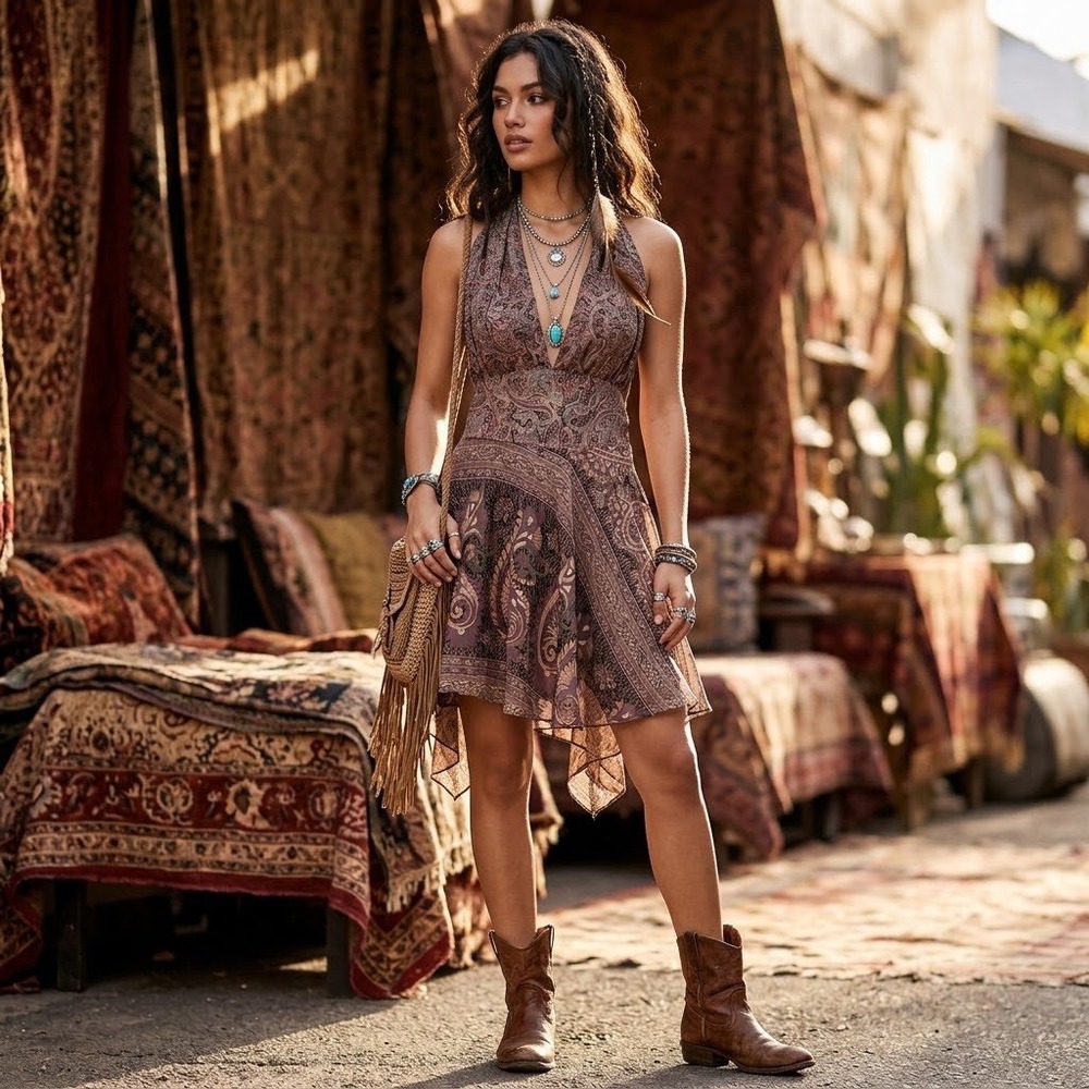 Earthbound Trading Whimsigoth Paisley Plunge Halter Mini Dress Festival Boho M